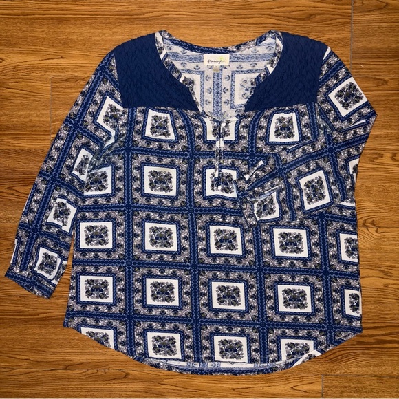Anthropologie Porridge Belmar Blue Floral Geometric Print 3/4 Sleeve Blouse - Picture 3 of 13
